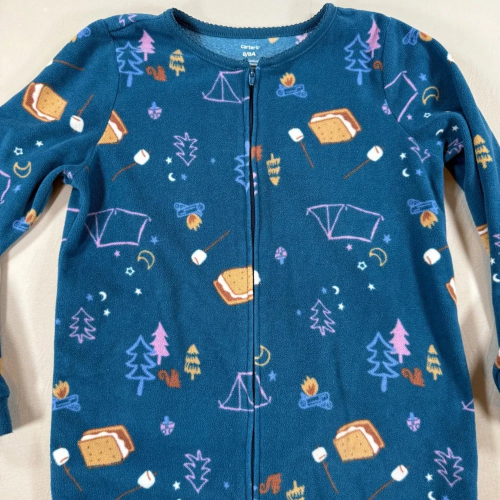 Carters Kids Blue Fleece Footed Pajamas Smores Camping Print Child Size 8